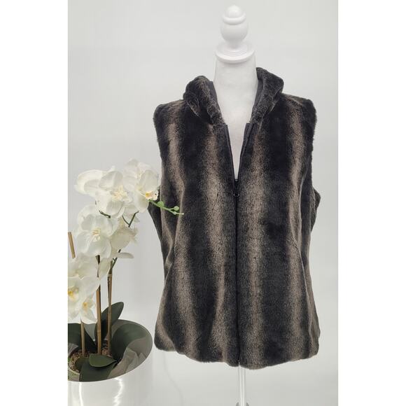 Kristen Blake Womens Brown Quilted Hooded Faux Fur Reversible Puffer Vest Size L - Picture 3 of 11